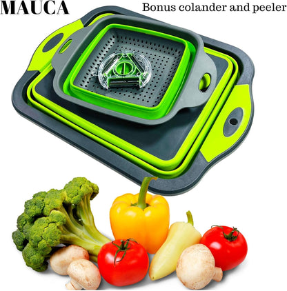 Collapsible Cutting Board 3-in-1 – Multifunctional Foldable Silicone Board with Washing Basket, Colander & Peeler, Perfect for BBQ, Picnic, and Camping| Green