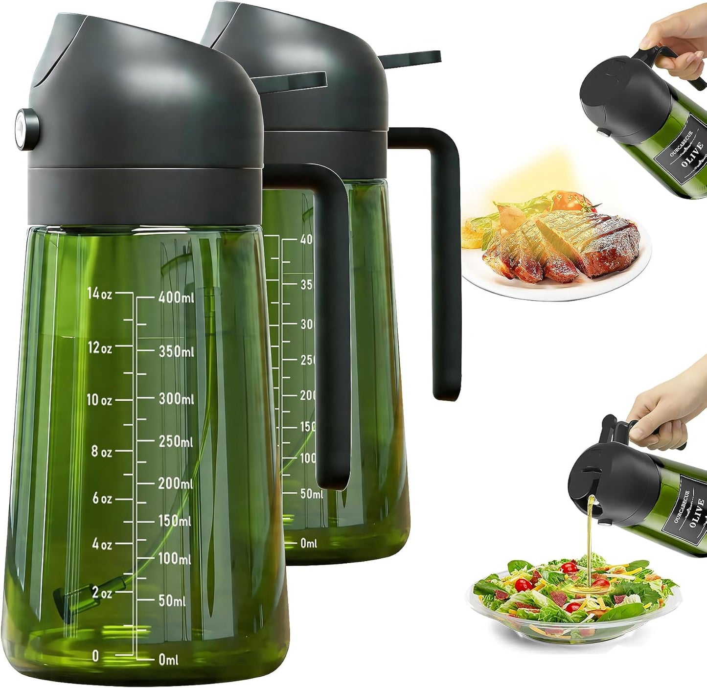 OURCABECUE 2 in 1 Olive Oil Sprayer for Cooking, 16oz/470ml Light-Blocking Dark Olive Oil Dispenser Bottle for Kitchen, Food-Grade Glass Oil Mister with 8 Oil Stickers