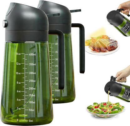 OURCABECUE 2 in 1 Olive Oil Sprayer for Cooking, 16oz/470ml Light-Blocking Dark Olive Oil Dispenser Bottle for Kitchen, Food-Grade Glass Oil Mister with 8 Oil Stickers