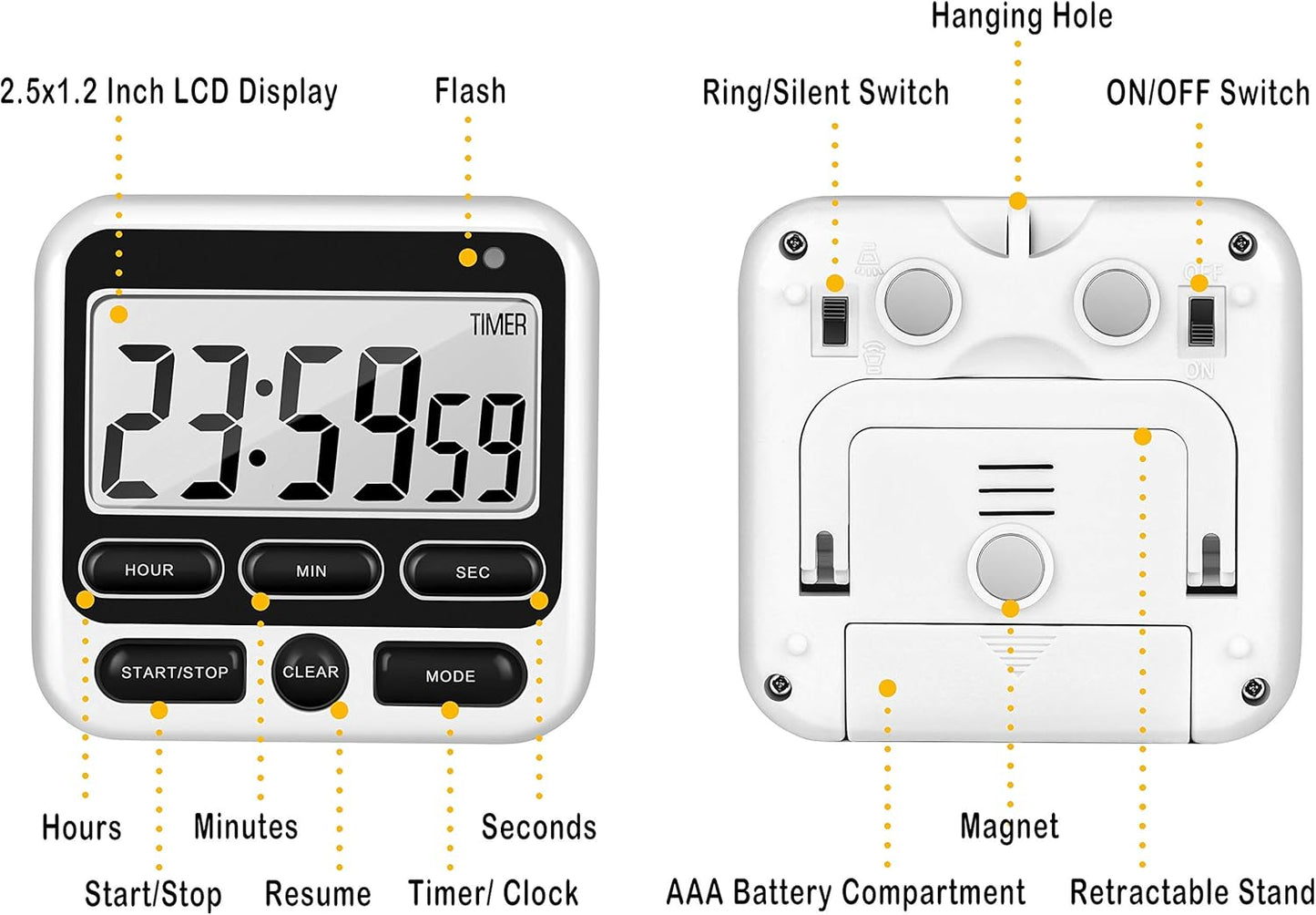 KTKUDY Digital Kitchen Timer with Mute/Loud Alarm Switch ON/Off Switch, 12-Hour Clock & Alarm, Memory Function Count Up & Count Down for Kids Teachers Cooking, Large LCD Display, Strong Magnet (Black)