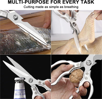 CGBE Kitchen Scissors, Multi-Purpose Kitchen Shears, Heavy Duty Dishwasher Safe Food Scissors for Chicken, Poultry, Fish, Meat & Herbs with Non-Slip Grips - Sliver
