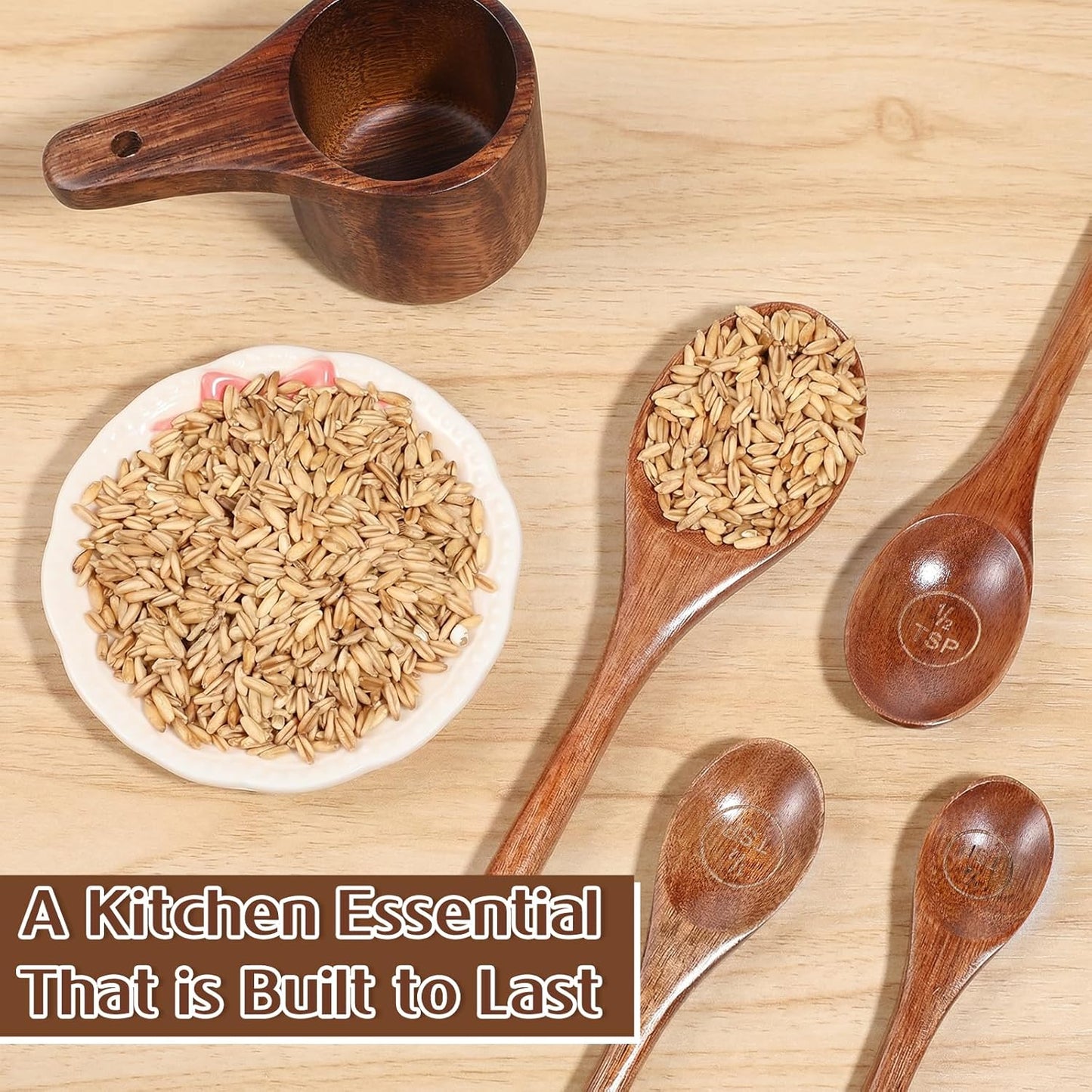 8 Pcs Wooden Measuring Cups And Spoons Set, Solid Acacia Wood, Laser Engraved Measurements, Nesting Design, Kitchen Accessories for Dry Ingredients, Baking and Cooking