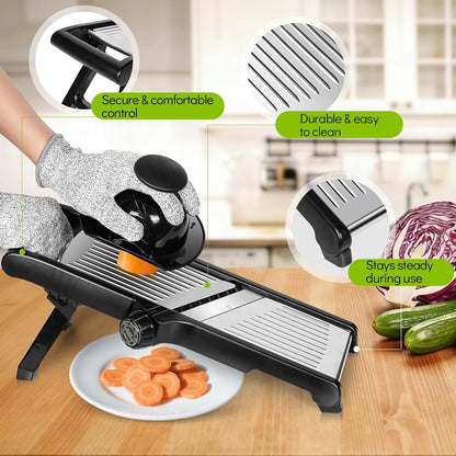 MASTERTOP Mandoline Slicer, 5 in 1 Mandoline Food Slicer for Kitchen,Stainless Steel Mini Vegetable Slicer with Safety Glove & Cleaning Brush,Adjustable Vegetable Chopper for Potatoes