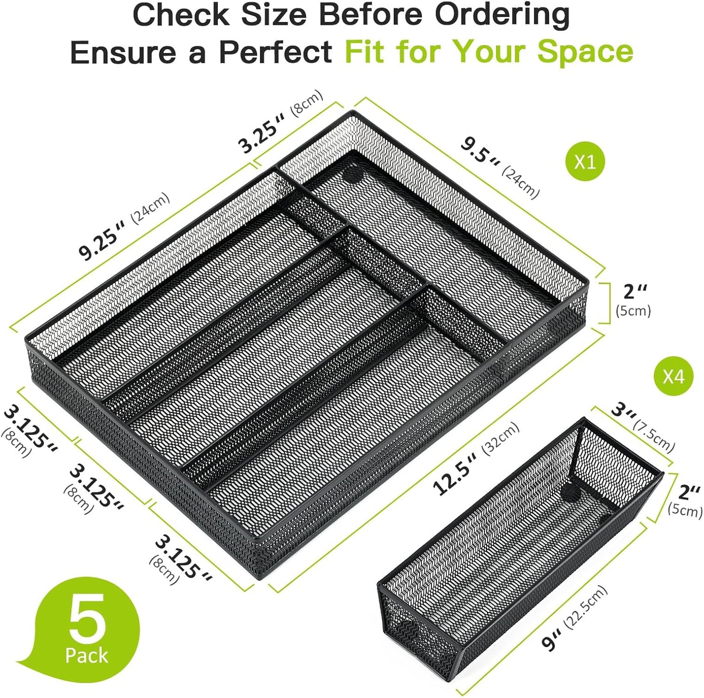 Neudeco Silverware Drawer Organizer - 5 Compartment Cutlery Tray with Non-Slip Feet, Mesh Wire Flatware Storage Divider for Kitchen, Bedroom, Living Room (Silver)