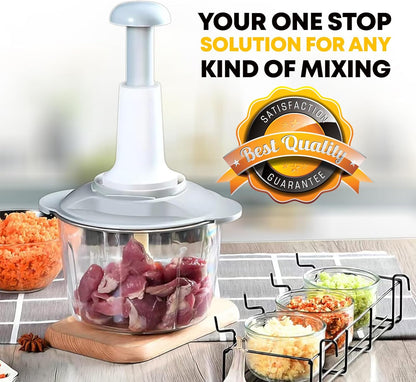 Manual Food Chopper & Grater – Handheld Push-Down Vegetable Cutter with Clear Container (Grey)