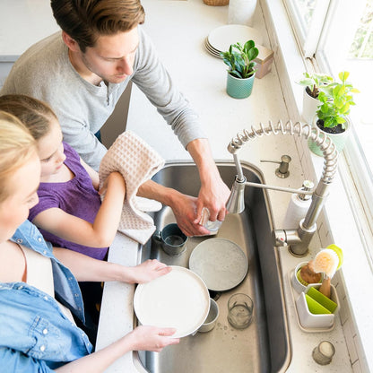 Full Circle Stash, Ceramic Kitchen Sink Caddy, Stylish Sponge Holder & Dish Brush Organizer, Easy to Clean, Dishwasher Safe, Rustproof, White and Gray