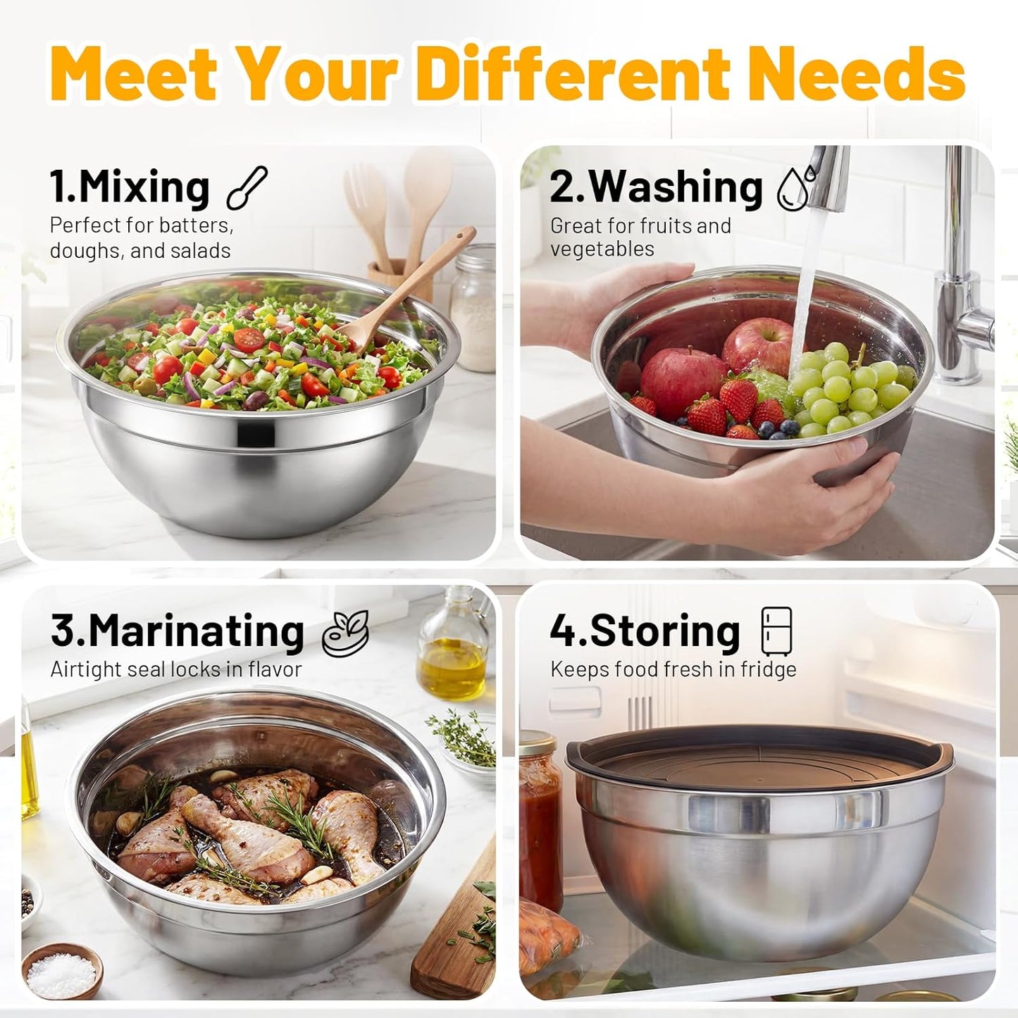 Beasea Mixing Bowls with Lids, 3 Pack 3.4 QT Kitchen Stainless Steel Mixing Bowls with Airtight Lids, Metal Nesting Set for Baking, Prepping, Serving, Salad and Food Storage