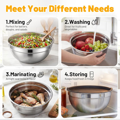Beasea Mixing Bowls with Lids, 3 Pack 3.4 QT Kitchen Stainless Steel Mixing Bowls with Airtight Lids, Metal Nesting Set for Baking, Prepping, Serving, Salad and Food Storage