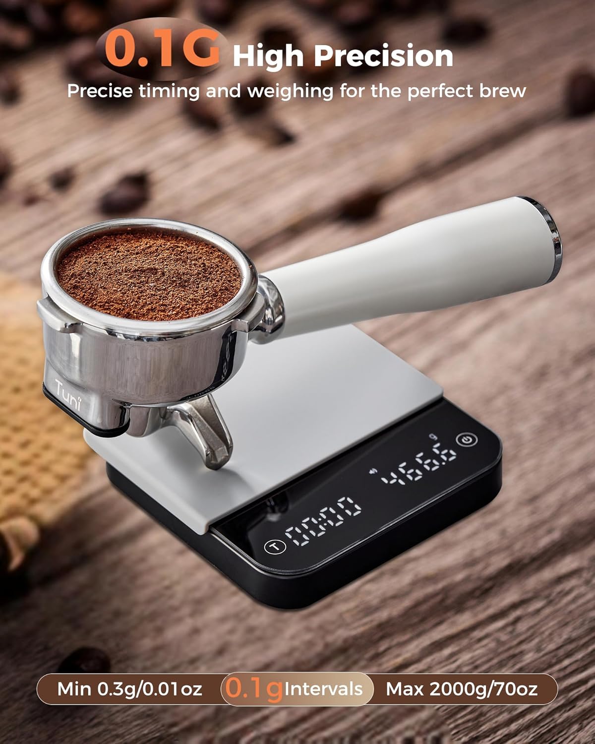 Tuni Rechargeable Mini Coffee Scale with Timer, 2kg/0.1g Accurate Espresso Scale for Espresso and Pour-Over Coffee, Portable Digital Kitchen Scale with Automatic Timing, White