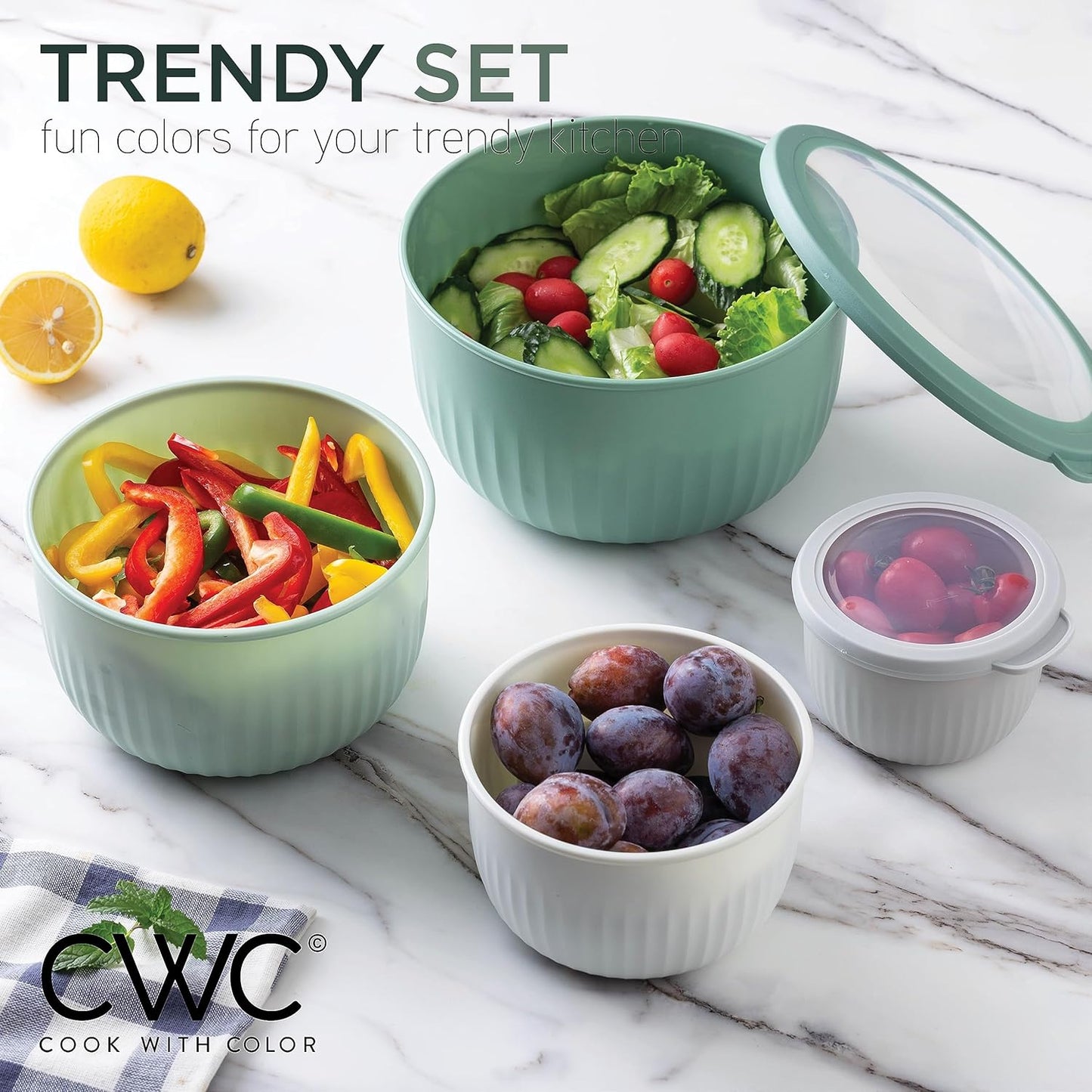 COOK WITH COLOR Prep Bowls with Lids- Wide and Deep Nesting Plastic Small Mixing Bowl Set with Lids, 8 Piece Set - Wide Bowls, Blue