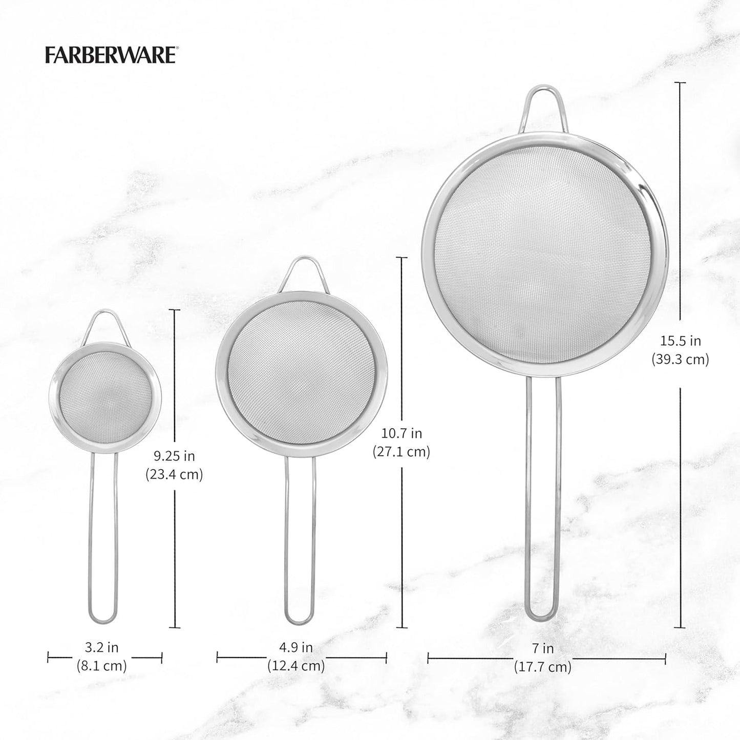 Farberware Stainless Steel Mesh Strainer Set of 3 - Small, Medium and Large Fine Mesh Strainers for Kitchen, Colander for Pasta, Produce Rinsing, Sifting - Dishwasher Safe, Nesting Storage