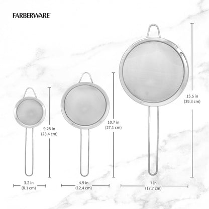 Farberware Stainless Steel Mesh Strainer Set of 3 - Small, Medium and Large Fine Mesh Strainers for Kitchen, Colander for Pasta, Produce Rinsing, Sifting - Dishwasher Safe, Nesting Storage