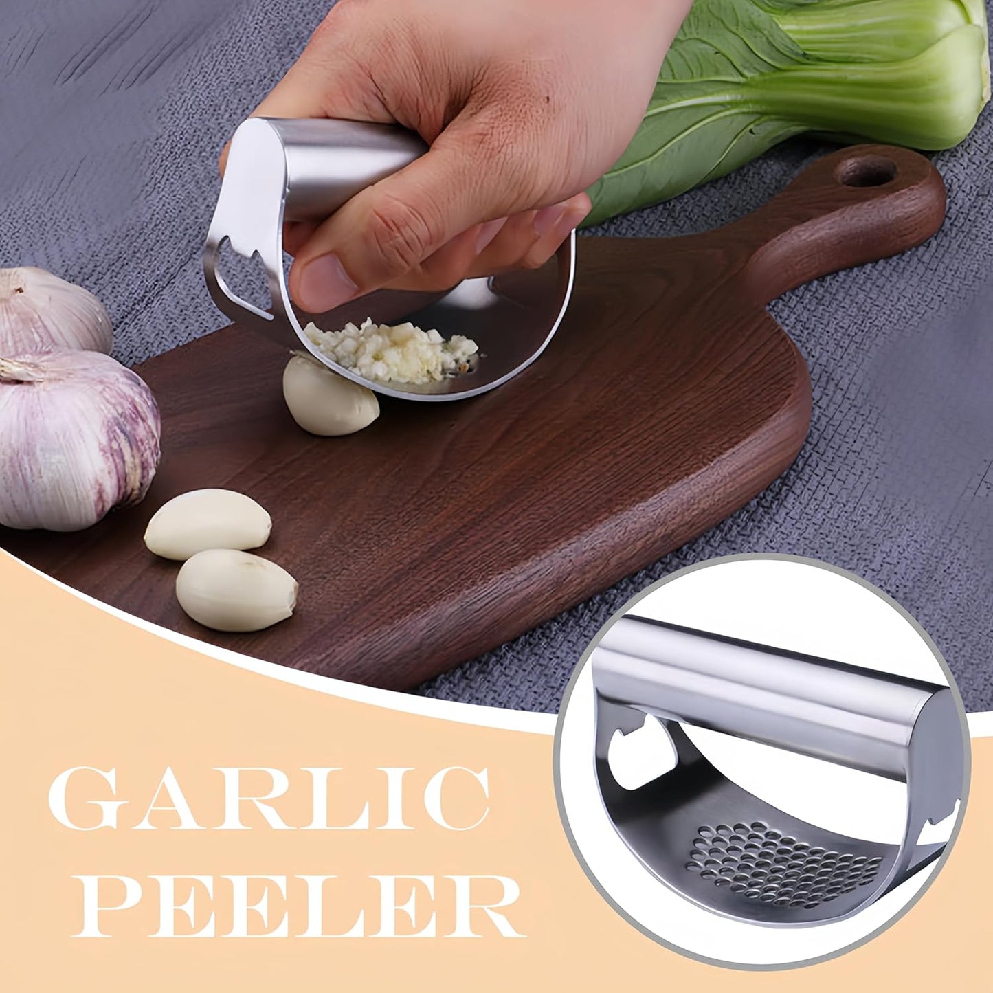 Stainless Steel Garlic Presser, 2025 Upgrade Garlic Press Rocker Garlic Mincer Garlic Press Stainless Steel, Garlic Chopper with Peeler and Cleaning Brush Kitchen Tools (1, Silver)