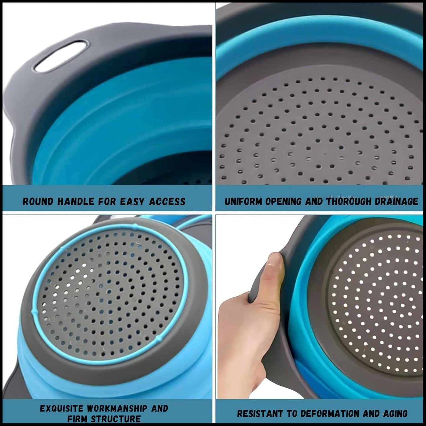 Collapsible Colander Set of 2, Foldable Silicone Pasta Strainer with Handles, 2 Pack Space Saving Kitchen Colander for Fruits,Space Saving Pasta Strainer Basket for Fruits & Vegetables