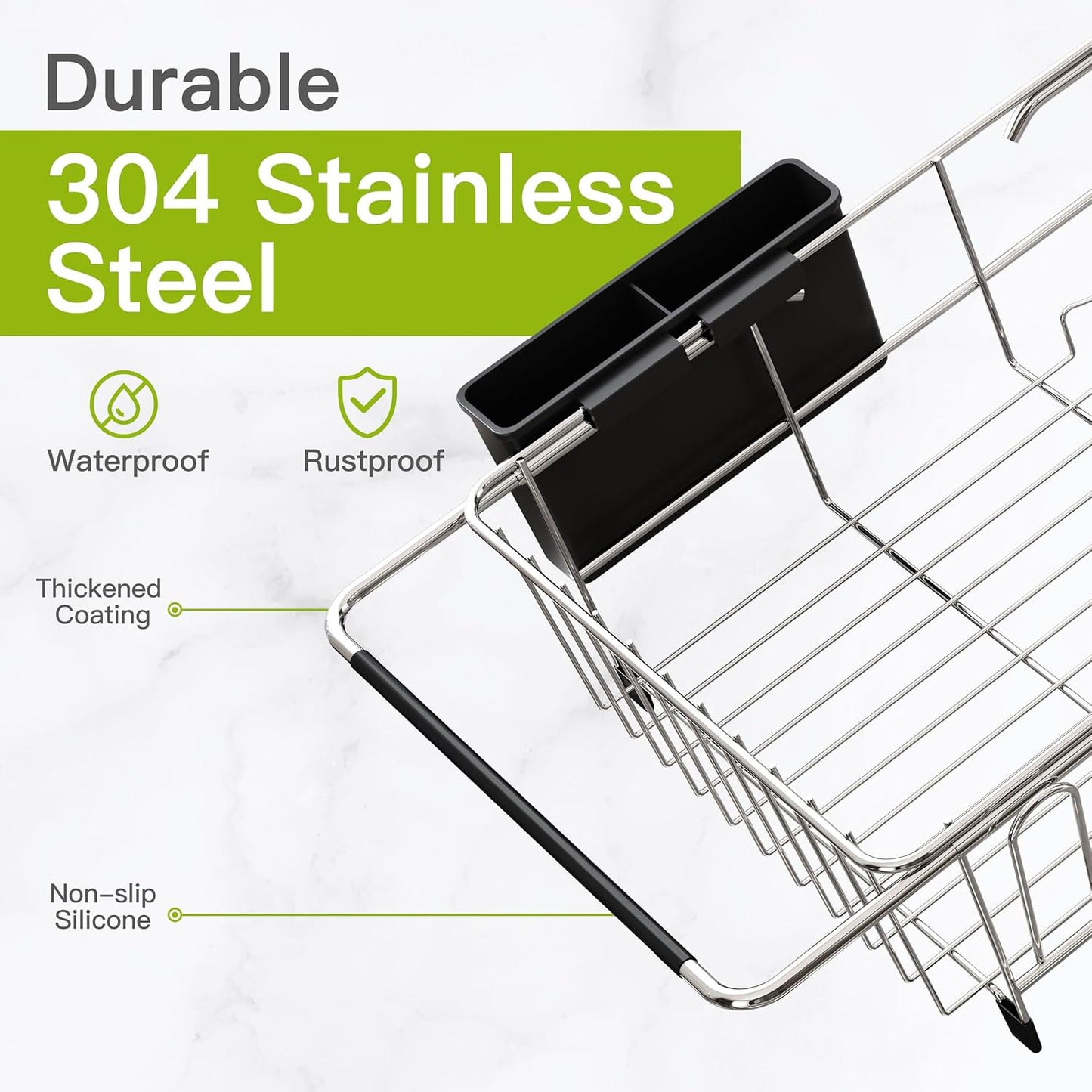 JASIWAY Roll Up Dish Drying Rack, Expandable (12.8"-23.8" D x 12.8" W) Stainless Steel Portable Drainer for Kitchen Sink Counter, Foldable Over The Sink Cover with Removable Utensil Holder