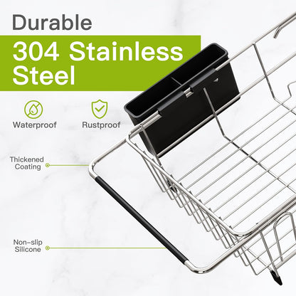 JASIWAY Roll Up Dish Drying Rack, Expandable (12.8"-23.8" D x 12.8" W) Stainless Steel Portable Drainer for Kitchen Sink Counter, Foldable Over The Sink Cover with Removable Utensil Holder