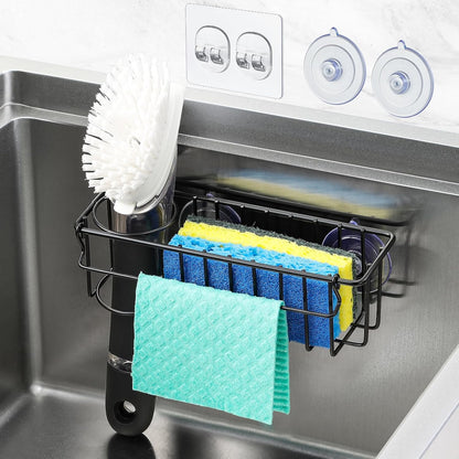 3-In-1 Sponge Holder for Kitchen Sink with Suction Cups & Adhesive Hook , In-sink Sponge Holder, Wall Hanging Sink Caddy Organizer Rack - Sponge, Dish Cloth, Brush, Scrubber - 304 Stainless Steel