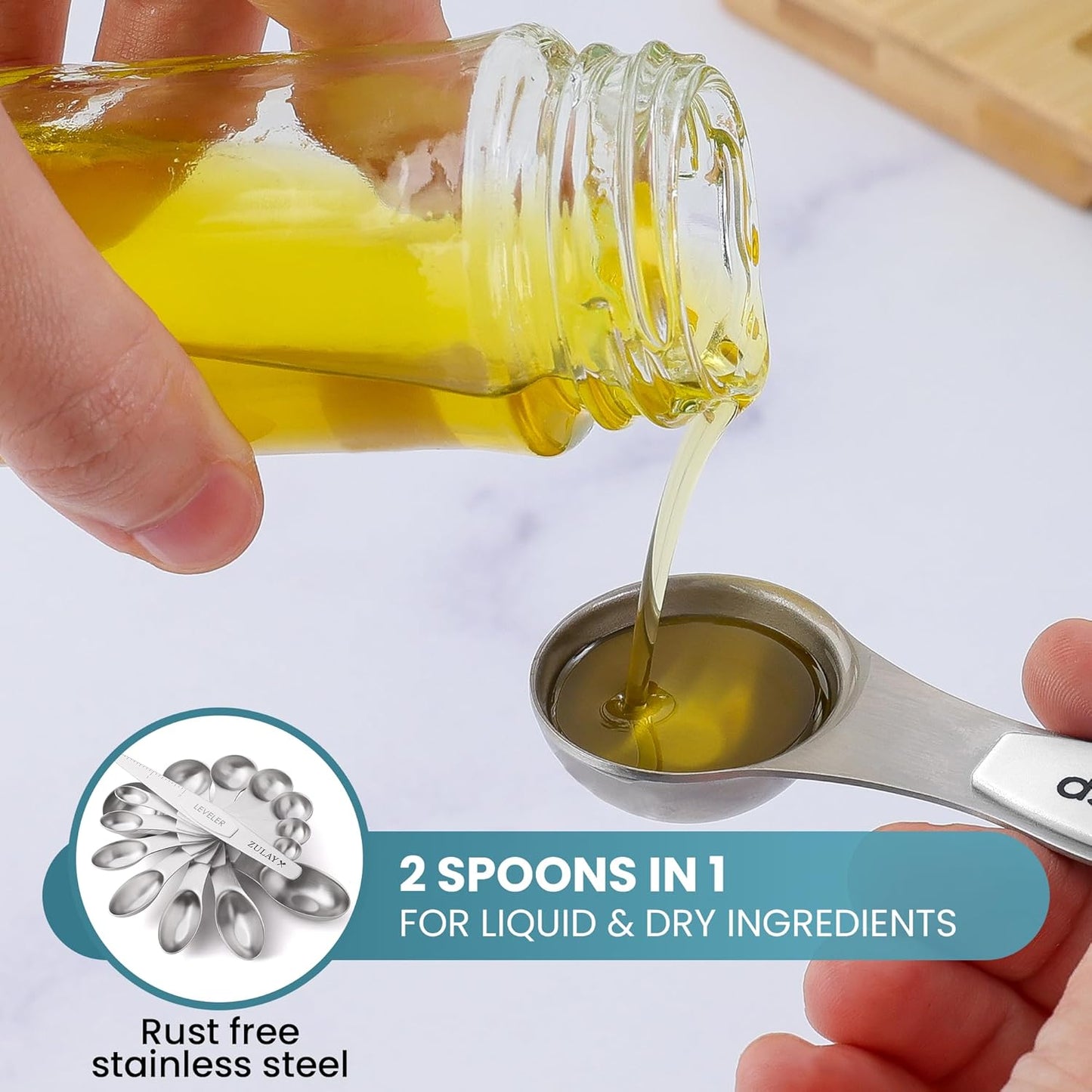 Zulay Kitchen Stainless Steel Measuring Spoon Set - Stackable Magnetic Spoon Measuring Set - Magnetic Measuring Spoon Set of 8 with Leveler - Strong N45 Magnets - White