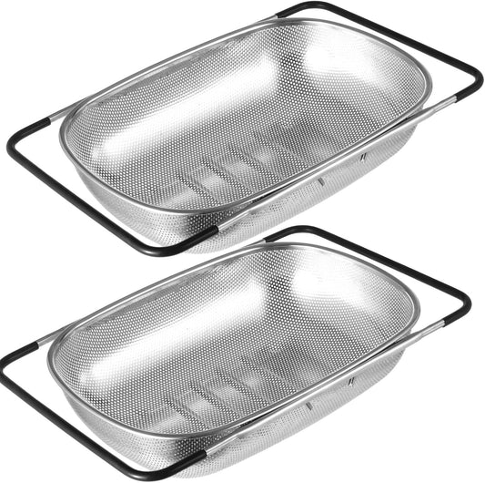 2 Pcs Over the Sink Colander, Strainers and Colanders for Kitchen Sink Strainer Basket with Expandable Handles Stainless Steel Strainer,Pasta Vegetable Food Fruit Strainer