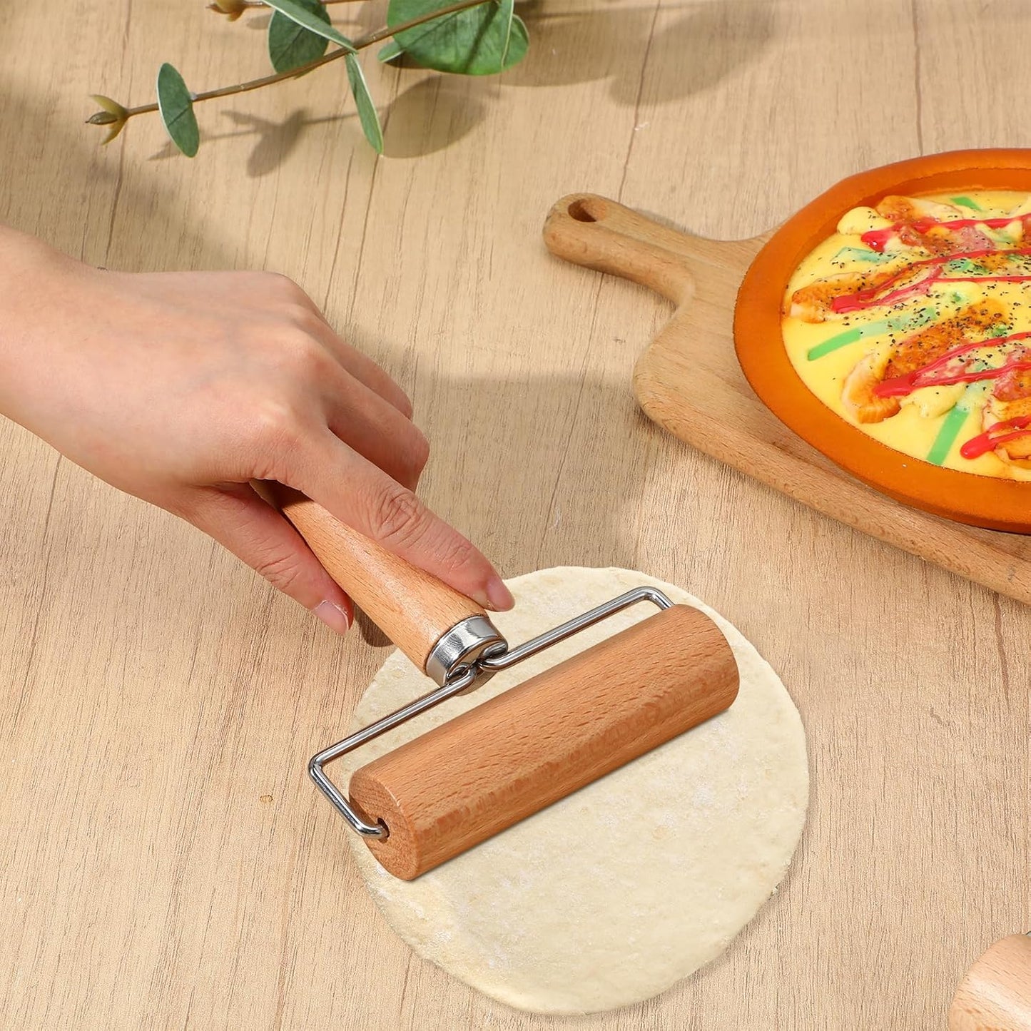2 Pcs Baking Wooden Rolling Pins T-shape Pizza Dough Roller Pin Non-Stick Baker Pastry Roller Set for Tortilla Cookie Dumpling Home Kitchen Baking Cooking