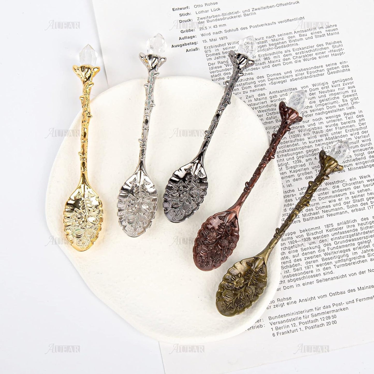 AUEAR, Retro Crystal Antique Alloy Spoon Coffee Tea Dessert Mini Ice Cream Decorative Spoons Set for Home Office (10 Pack)