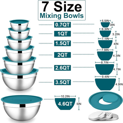 E-far Stainless Steel Mixing Bowls with Lids Set, 5-Piece Nesting Salad Bowls with 3 Grater Attachments and Non-Slip Bottoms, Size 4.6, 2.6, 2, 1.5, 1QT for Kitchen (Black)