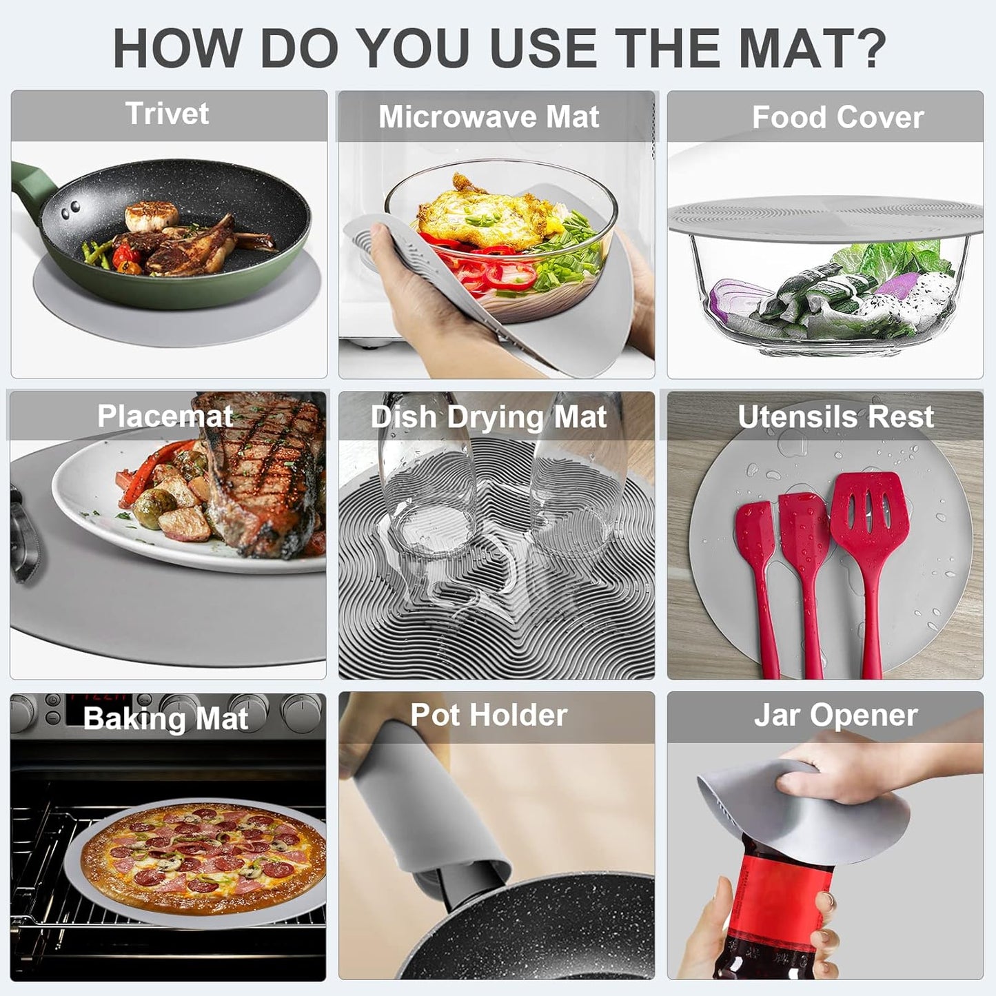 LekDrok Microwave Food Cover with Mat 12 Inch, Mat as Bowl Holder, Cover for Splatter Guard, Collapsible Lid for Plate Dish, Multi-Purpose Silicone Mat & Kitchen Colander Gadget for Meal Prep,Charcoal