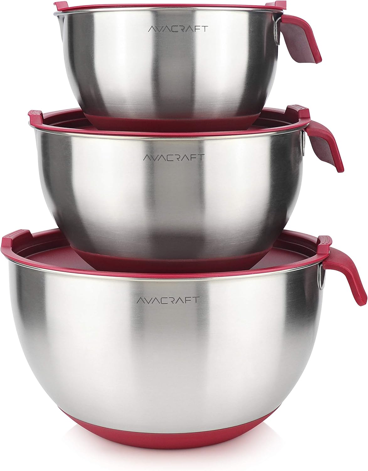 AVACRAFT 18/10 Stainless Steel Mixing Bowls with Lids, non slip silicone base bowls with Handle, Mixing Bowl Set with Pour Spouts & Measurement Marks, Home Essentials Cooking Bowls, (Black)