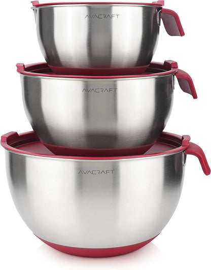 AVACRAFT 18/10 Stainless Steel Mixing Bowls with Lids, non slip silicone base bowls with Handle, Mixing Bowl Set with Pour Spouts & Measurement Marks, Home Essentials Cooking Bowls, (Black)