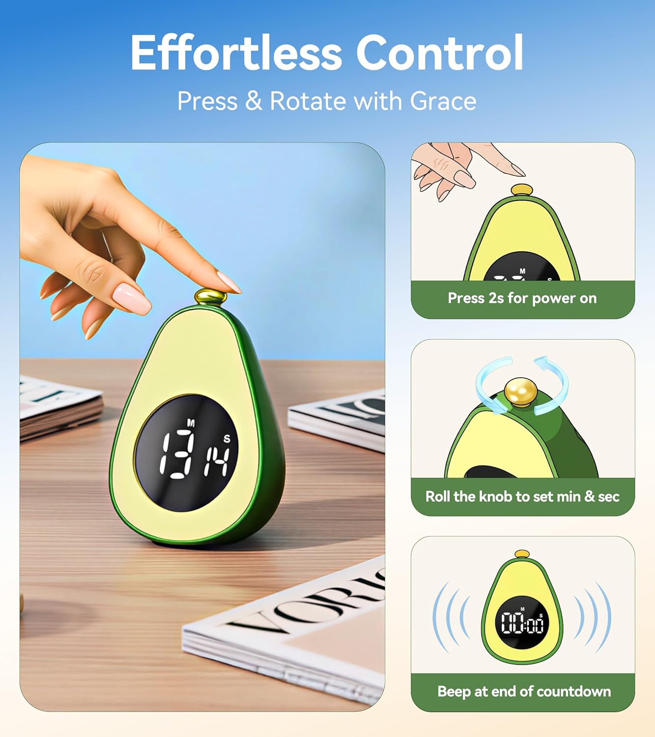 Digital Visual Timer Kitchen Timer for Yoga, Exercise, 99-Minute Silent Countdown, Time Management Tool with Pause Function (Avocado)