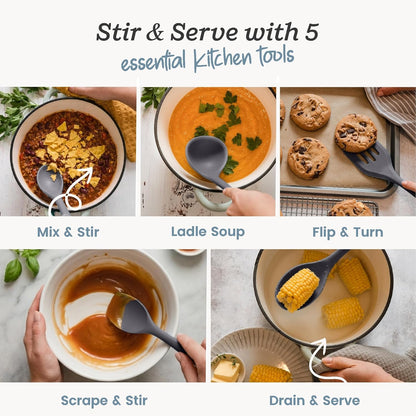 Starpack Stir and Serve Silicone Cooking Utensils Set (5-Piece, 11") - LFGB Non Toxic, 600°F Heat Resistant, BPA-Free - One-Piece Seamless, Dishwasher Safe - for Nonstick Cookware, Earthy Pink