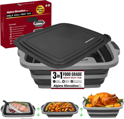 Collapsible Large (8L) BBQ Marinating Tub w/ Cutting Board | Multipurpose Food-Grade TPE Prep Tub w/ Lid | Built-In Colander & Drain Plug - For Camping | Tailgate | Picnic - Slate Black