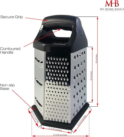Box Graters for Kitchen, 6 Sided, Multi-purpose Cheese and Veggie Cutter, Stainless Steel With Cooking Secrets Ebook