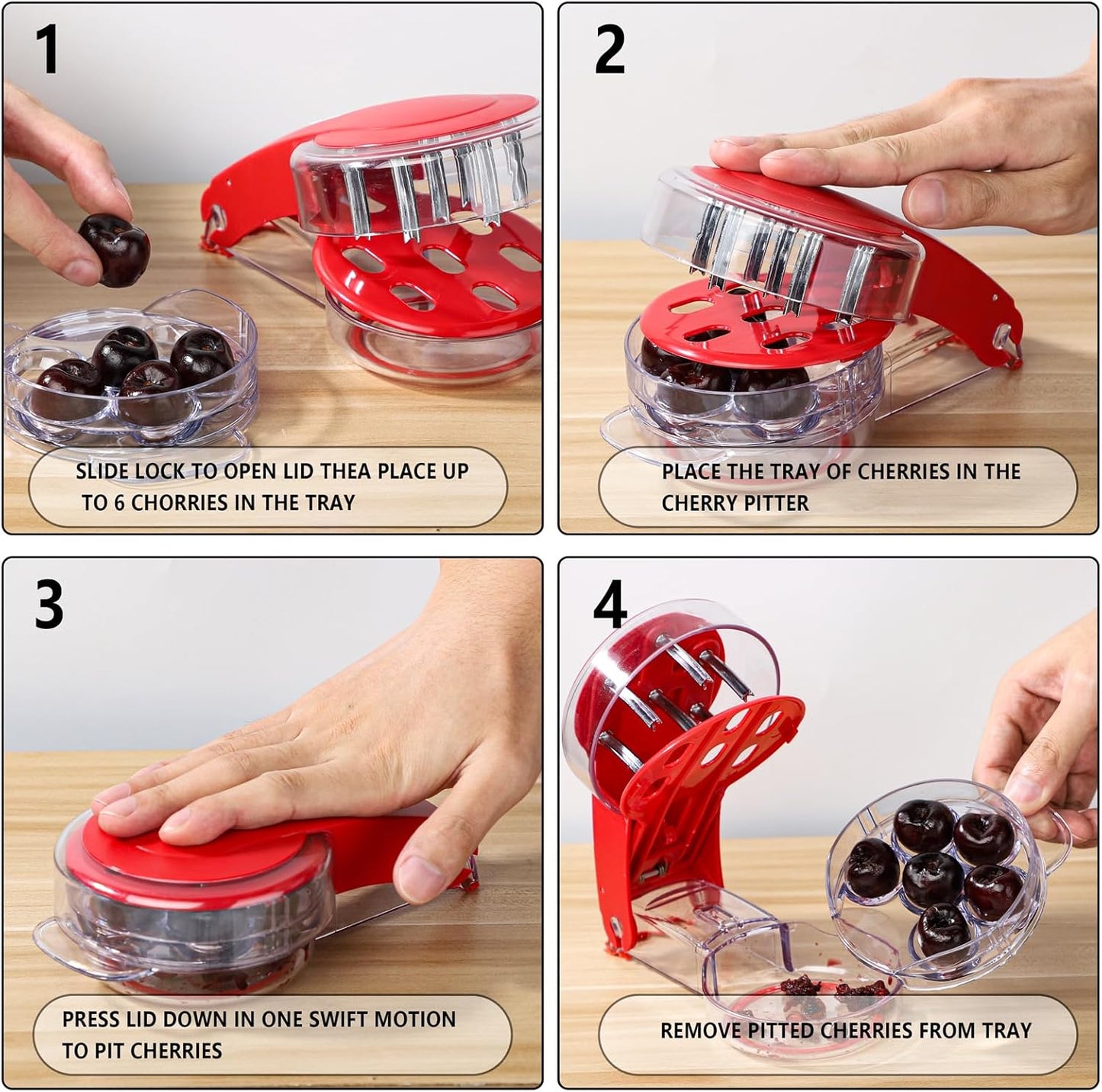 Cherry Pitter, Stainless Steel & Plastic, Red, 7.68" x 4.33" x 2.36", 6 Cherry Pit Remover, Multi-Function Fruit Pitter