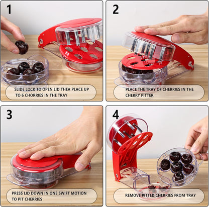 Cherry Pitter, Stainless Steel & Plastic, Red, 7.68" x 4.33" x 2.36", 6 Cherry Pit Remover, Multi-Function Fruit Pitter