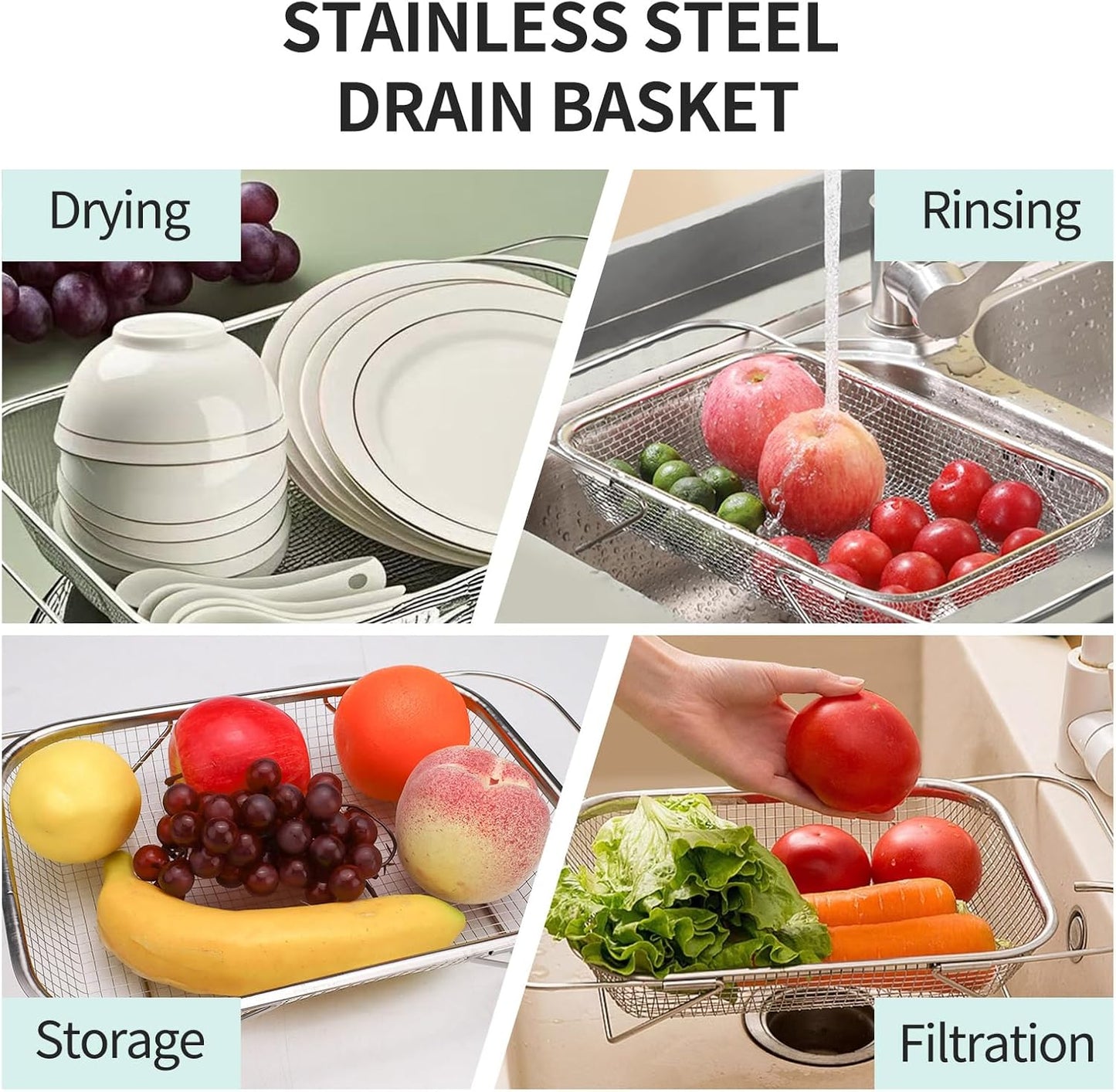 3PCS Stainless Steel Over Sink Colander, Expandable Over the Sink Strainer, Sink Colander for Kitchen Sink, Multipurpose Drain Basket, Sink Accessories,.Kitchen Utensils (3 Sizes)