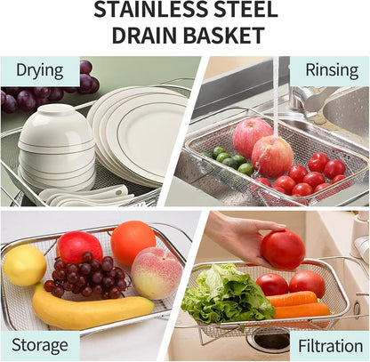 3PCS Stainless Steel Over Sink Colander, Expandable Over the Sink Strainer, Sink Colander for Kitchen Sink, Multipurpose Drain Basket, Sink Accessories,.Kitchen Utensils (3 Sizes)