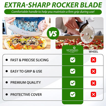 12" Stainless Steel Mezzaluna Knife | Pizza Cutter | Chopper Dicer Mincer | Curved Blade with Steel Handles | Mezzaluna Sheath Pizza Cutter Rocker, Rocker Knife Veggie Cutter