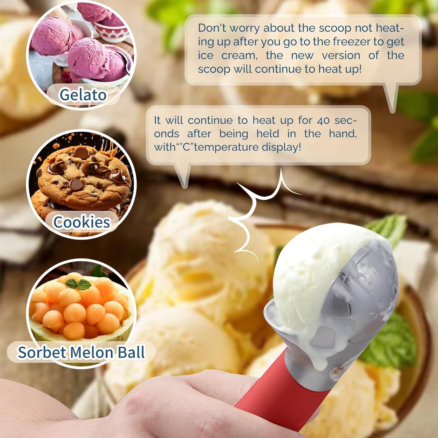Heated Ice Cream Scoop Rechargeable, Electric Warming Ice Cream Scooper with LED Display, Heats to 158°F for Hard Ice Cream, Easy for Seniors & Kids, IP67 Waterproof (Black, 2 oz)
