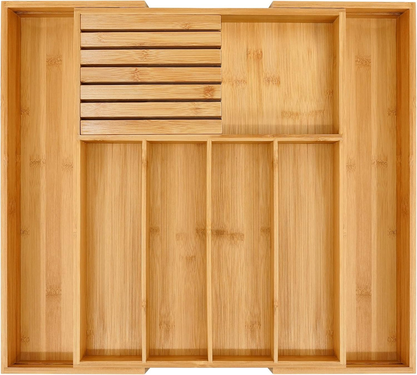 VaeFae Bamboo Silverware Drawer Organizer Kitchen, Expandable Utensil Organizer with Knife Block, Cutlery Tray with Divider, Multifunctional Drawer Organizer (Black)