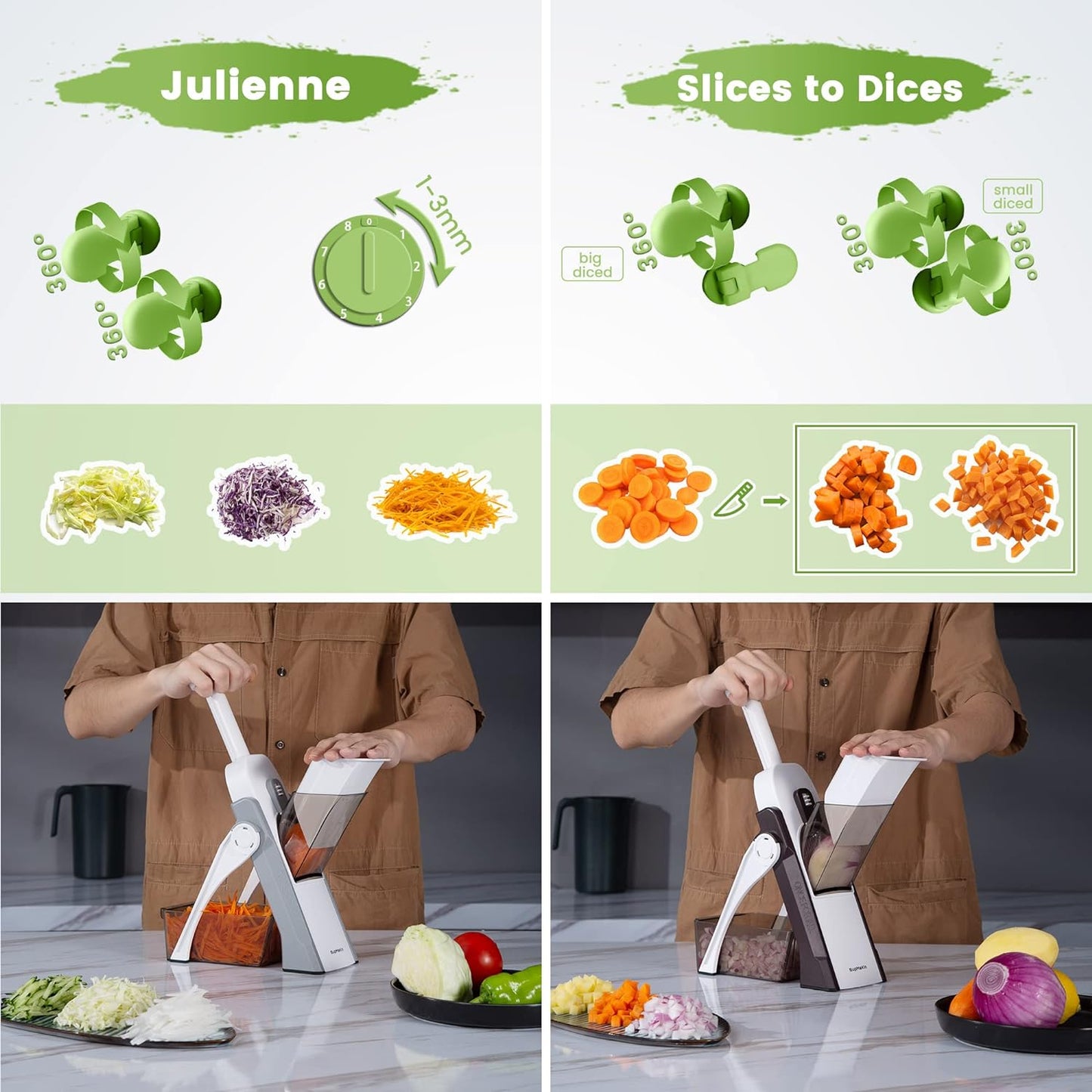SupMaKin Safe Mandoline Slicer, Potato Slicer Maual Vegetable Chopper Adjustable Thickness Food Cutter, Kitchen Chopping Artifact for Cooking Meal Prep (Gray)