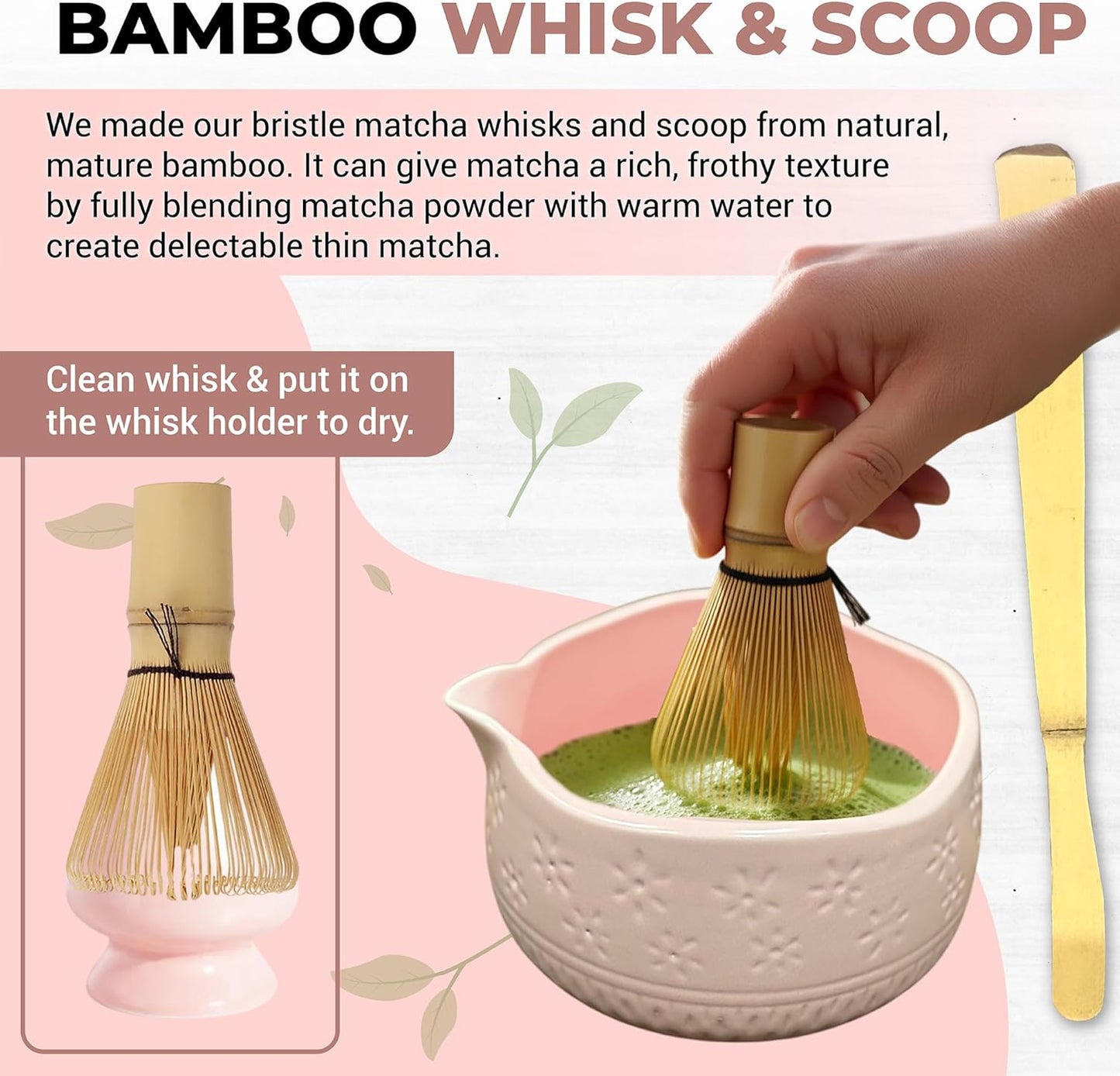 Matcha Whisk Set with Matcha Bowl - Matcha Set Included Electric Frother, Bamboo Whisk, Matcha Spoon, Bamboo Holder, Sifter, Spoon Stand (Blossom Pink)