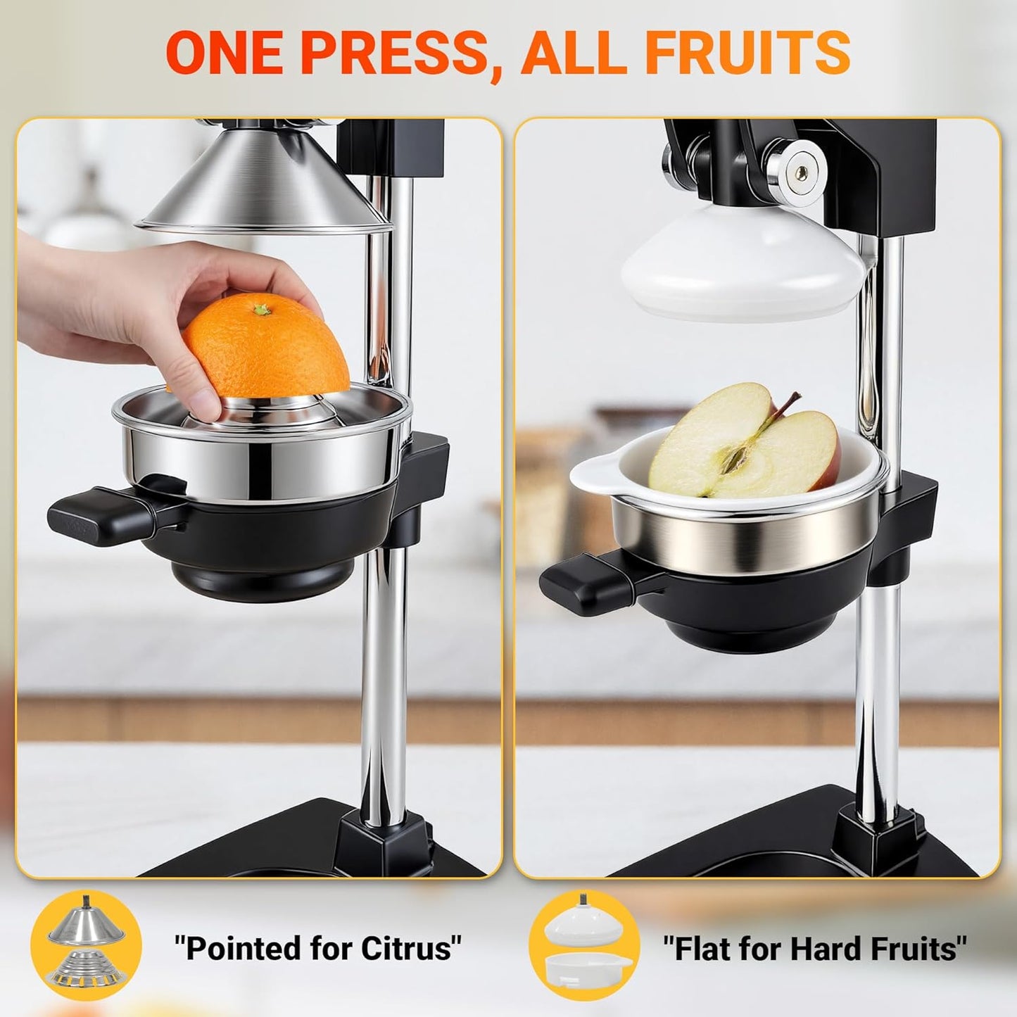 Manual Juicer Hand Press, 304 Stainless Steel Citrus Juicer for Orange Lemon Pomegranate, 19" Extra Tall Heavy Duty Juice Press with Dual Molds for Apple & Pear, Stable Suction Base