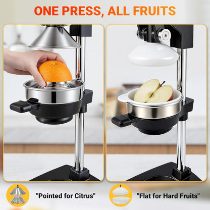 Manual Juicer Hand Press, 304 Stainless Steel Citrus Juicer for Orange Lemon Pomegranate, 19" Extra Tall Heavy Duty Juice Press with Dual Molds for Apple & Pear, Stable Suction Base