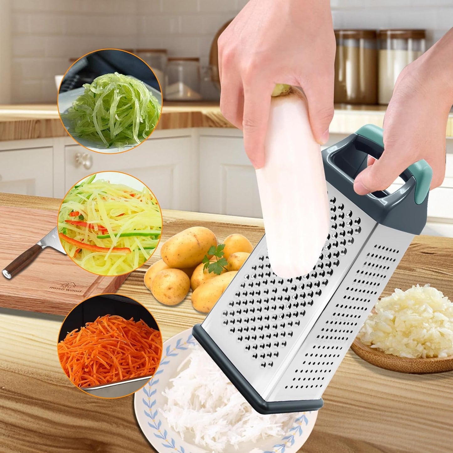 Cheese Grater, 6 Sides Box Graters for Kitchen, Stainless Steel Food Shredders for Cheese Vegetables Potatoes Carrot (Pink Handle)