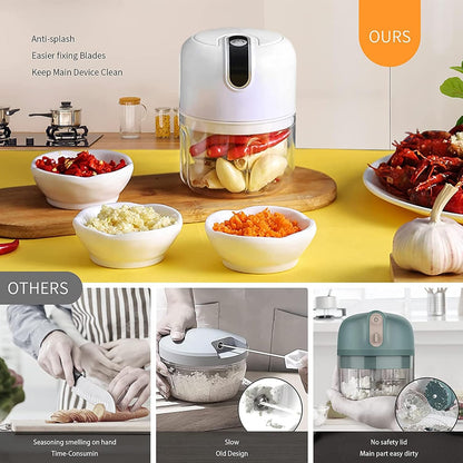250ML Electric Garlic Chopper, Mini Portable Veggie Choppers, Garlic Grinder Masher Onion Chopper, Blender to Vegetable, Wireless Food Processor for Ginger, Chili, Fruit, Meat, etc