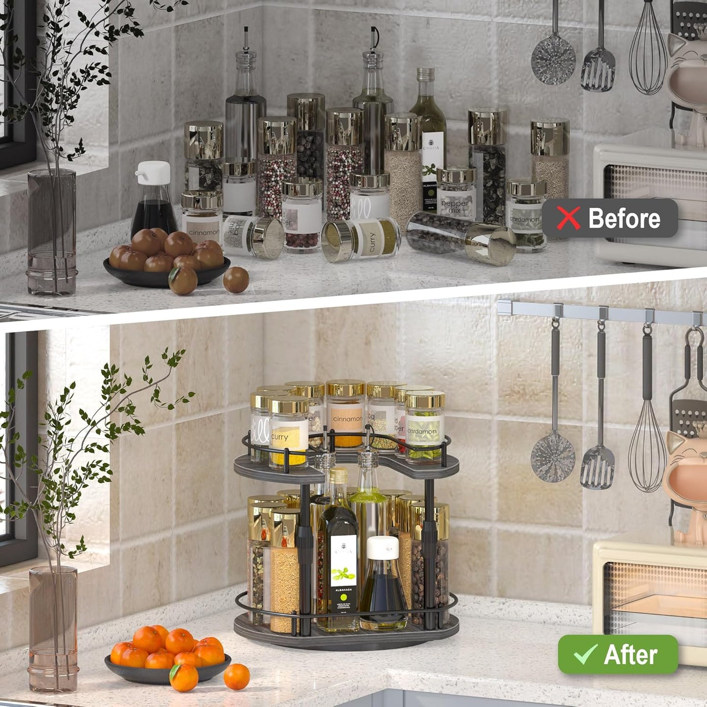 Across-Star Lazy-Susan-Organizer-Spice-Rack, Rotating Spice Organizer For Cabinet Pantry, Seasoning Holder Spice Shelf With Adjustable Height, Kitchen Counter Shelf Countertop Organizer