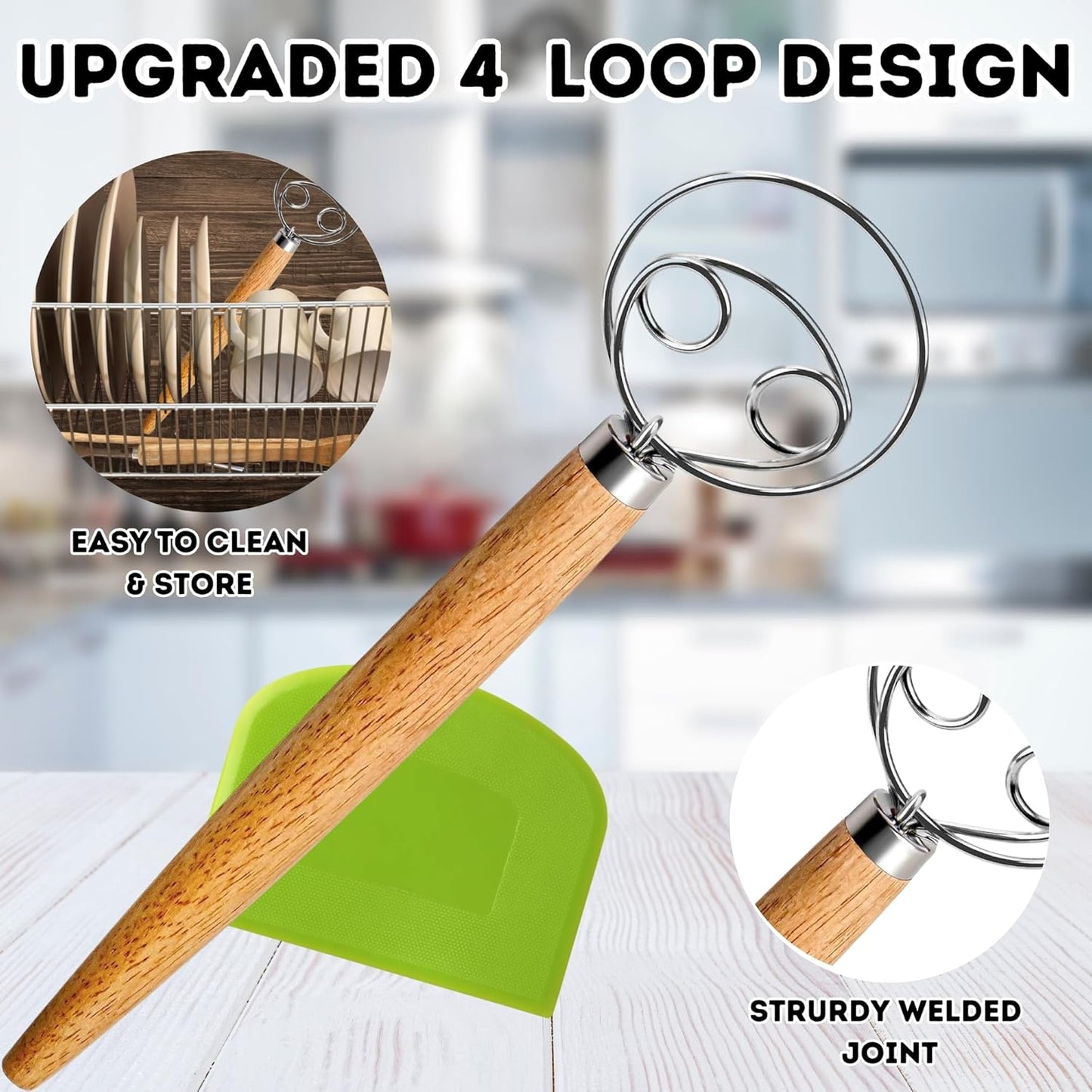 BOORIKA Danish Dough Whisk – Sourdough Mixing Tool with Dough Scraper. Danish Whisk for Baking, Mixing Thick Dough, Bread Making, Pastry, Cookies, Pizza, Batter & More