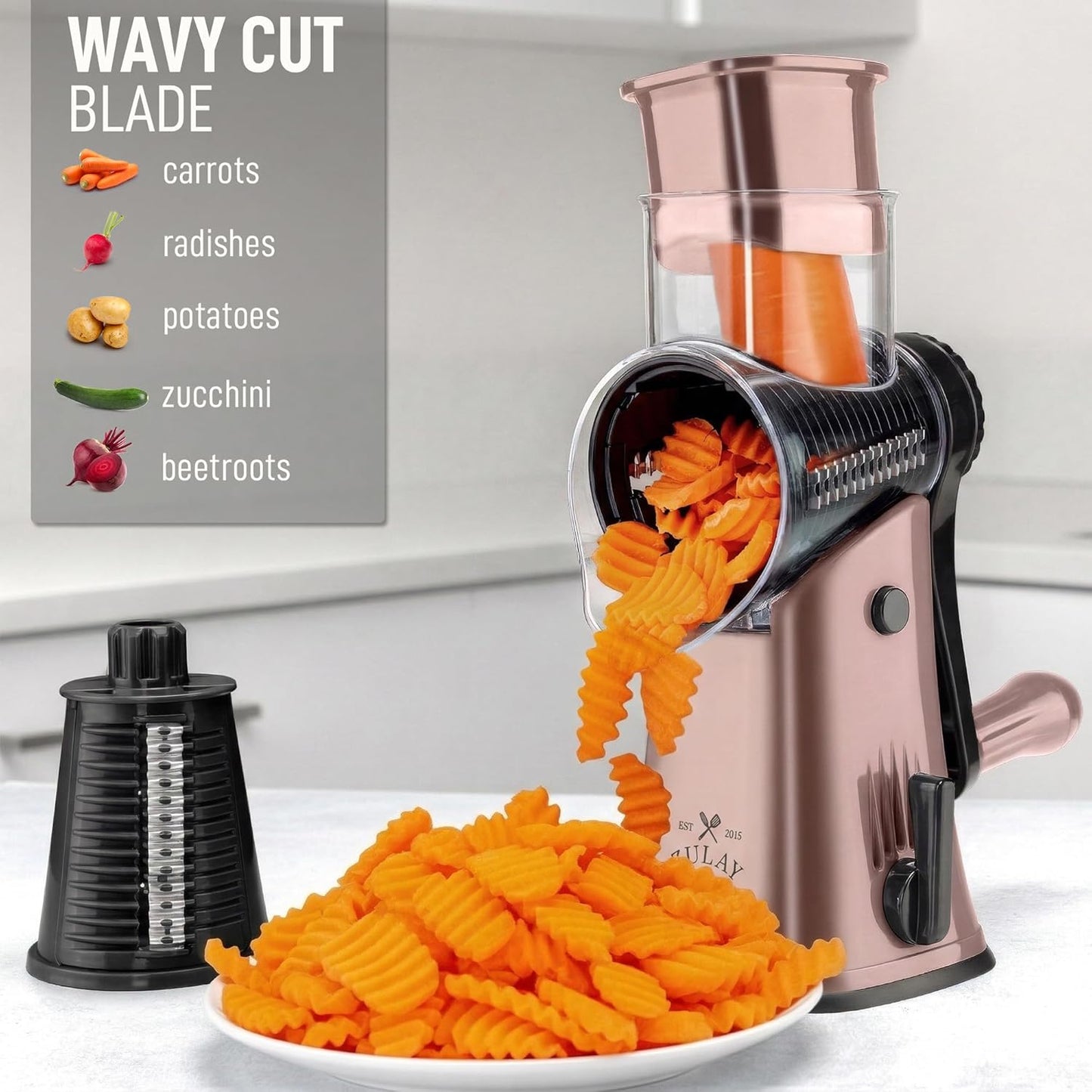 Zulay Kitchen Rotary Cheese Grater 5 Blade Cheese Shredder - Manual Hand Crank Cheese Grater With Reinforced Suction & 5 Interchangeable Drums - Easy to Use, Vegetable Chopper Round Mandoline Slicer - Colors A