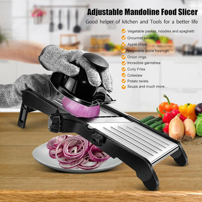MASTERTOP Mandoline Slicer, 5 in 1 Mandoline Food Slicer for Kitchen,Stainless Steel Mini Vegetable Slicer with Safety Glove & Cleaning Brush,Adjustable Vegetable Chopper for Potatoes